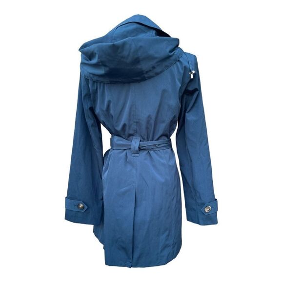 LONDON FOG Teal Blie Trench Coat Tie Waist Short Size Small Hood EUC - Picture 4 of 8